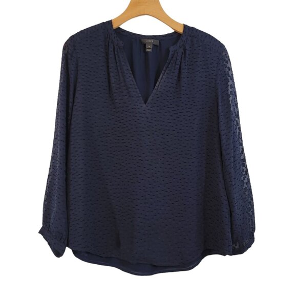 J. Crew Silk Blend Blouse Navy Blue Sheer Lined Career Shirt Top Size 4 EUC - Picture 1 of 9